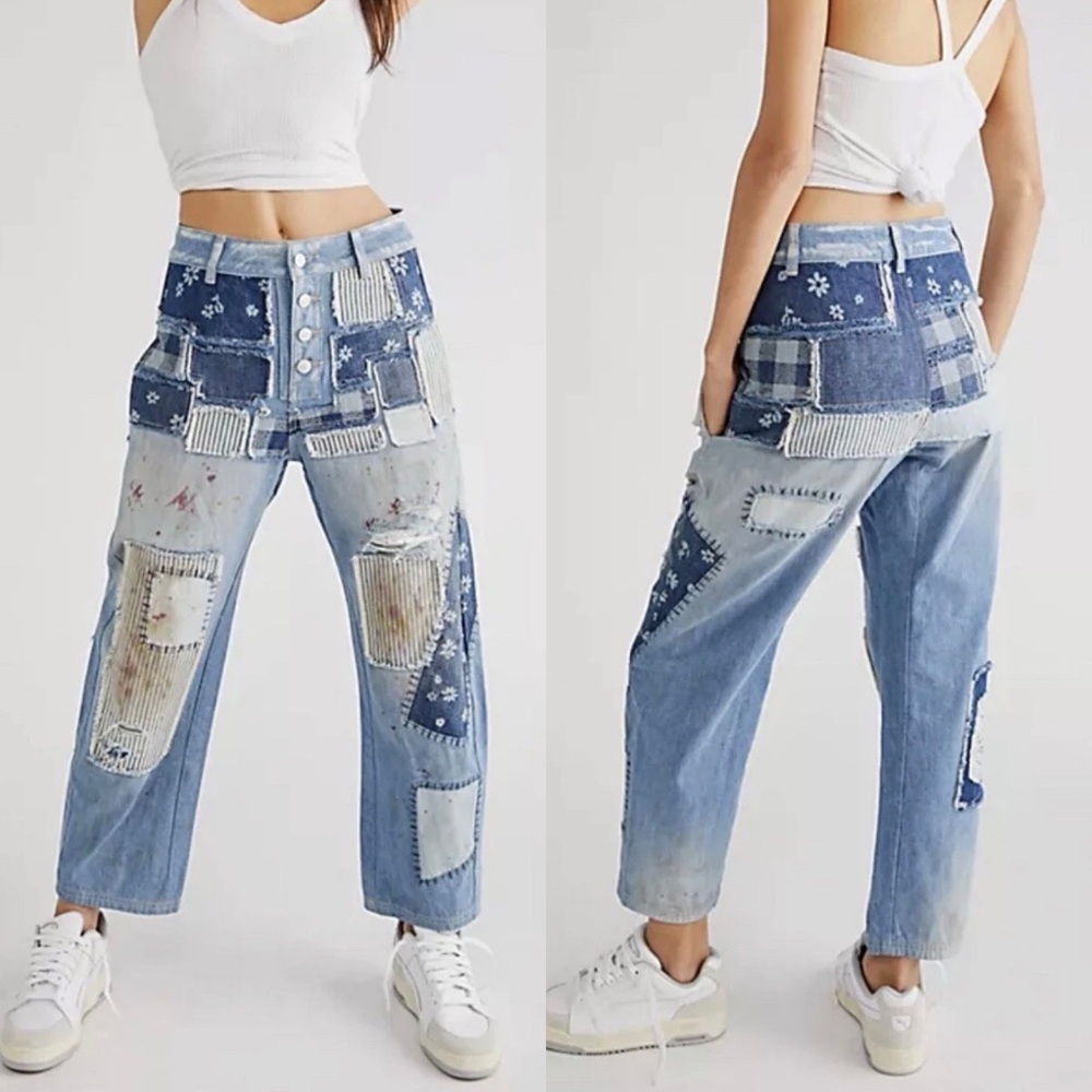 Free People Azalea Patchwork Paint Splatter Distressed Jeans - Picture 1 of 8